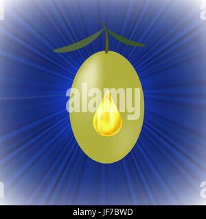 Grüne Olive mit Tropfen Olivenöl auf Blue Wave Hintergrund Stock Vektor