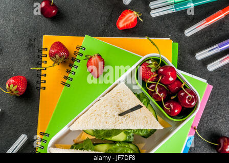 Zurück zur Schule. Ein herzhaftes gesundes Schulessen in einer Box: Sandwiches mit Gemüse und Käse, Beeren und Früchte (Äpfel) mit Notebooks, farbigen Stift Stockfoto