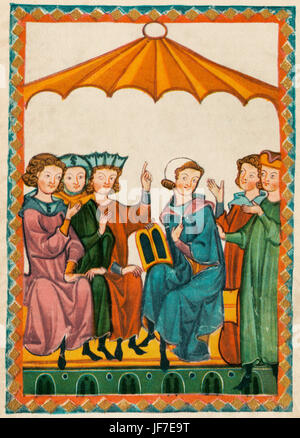 Gottfried von Strassburg mit seiner Arbeit (gest. 1210) - 13. Jahrhundertdichter (Minnesänger oder mittelalterliche deutsche höfische Liebe Dichter). Codex Manesse (ca.1300) oder Große Heidelberger Liederhandschrift, (Folio 364r). Universität Heidelberg. Bibliothek. Tristan, Quelle für Wagners Oper Tristan und Isolde.  (Tristan Und Isôt) Stockfoto