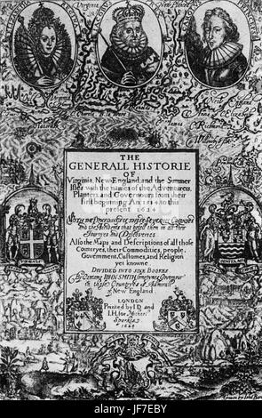 "Die allgemeine Geschichte von Virginia" von John Smith. Titelseite der ersten Ausgabe, London, 1624. JS: Englischer Soldat, Seemann und Autor, 1580 – 21. Juni 1631. Stockfoto