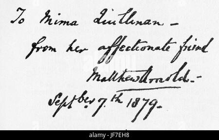 Matthew Arnold Unterschrift datiert 7. September 1879. Englischer Dichter und Essayist 24. Dezember 1822 – 15. April 1888 Stockfoto