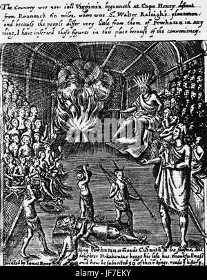 "Die allgemeine Geschichte von Virginia" von John Smith. Bildunterschrift lautet: "die indische Prinzessin Pocahontas rettet John Smith vor dem Tod durch Folter durch ihre Fürbitten." JS: Englischer Soldat, Seemann und Autor, 1580 – 21. Juni 1631. Stockfoto