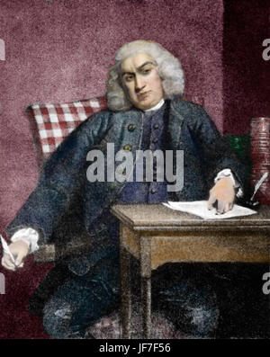 Samuel Johnson - Kupferstich von James Heath nach dem Porträt von Joshua Reynolds, gemalt im Jahr 1756. Englische Essayist, Biograf, Lexikograph und Kritiker der englischen Literatur, 18. September 1709 - 13. Dezember 1784. Farbausführung Version. Stockfoto