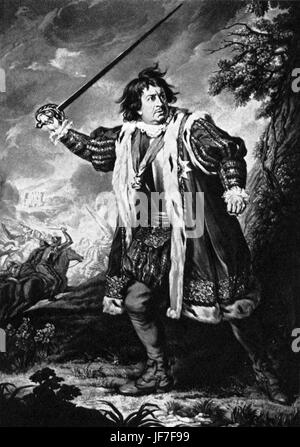 David Garrick als Richard III. Schabkunst von S W Reynolds nach einem Gemälde von Nathaniel Dance, 1771. David Garrick (19. Februar 1717 – 20. Januar 1779) - englischer Schauspieler, Dramatiker, Theaterdirektor und Produzent. Fast alle Aspekte des theatralischen Praxis im Laufe des 18. Jahrhunderts beeinflusst. Stockfoto