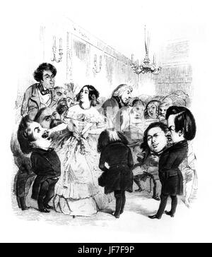 Madame de Girardin künstlerische Tee - Karikatur von führenden Aritistic und literarischen Figuren in Paris (Mitte des 19. Jahrhunderts). Von Illustration von Grandville. Von links nach rechts: Balzac, F. Souillé, Dumas Père, Delphine de Girardin, Liszt am Klavier, Jules Janin und Victor Hugo. Bildunterschrift lautet: Thé Artistique, Assaisonné de Grandes Hommes [künstlerische Tee, gewürzt mit wichtigen Männern].    FL: Ungarischer Pianist und Komponist, 22. Oktober 1811 - 31. Juli 1886. Stockfoto