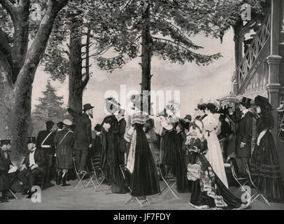 Anna Karenina von Leo Tolstoy, für die Bühne adaptiert von Edmond Guirand. Akt 2 - auf der Rennstrecke. M.Montlouis als Konstantin Levin, M.Gémier als Alexej Karenin, M.Colas als Stepan "Stiva" Oblonsky, Fräulein G.Sergy als Gräfin Miagkaia und Andrée Mégard als Anna Karenina. Produktion von das Théatre Antoine, 1907. LT: Russische Schriftsteller, 9. September 1828 - 20. November 1910. Stockfoto