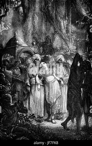 In 80 Tagen um die Welt / Le tour du Monde En Quatre-Vingts Jours von Jules Verne. Zuerst veröffentlicht 1873 (Abbildung von 1892-Edition). Bildunterschrift lautet: "Es war eine junge Frau. Kapitel 12. '(In India). JV französischer Schriftsteller 8. Februar 1828 – 24. März 1905.  (Phileas Fogg London und seine französischen Diener Passepartout Versuch, die Welt in 80 Tagen auf einer £20.000 Wette gesetzt von seinen Freunden im Reform Club zu umrunden). Stockfoto