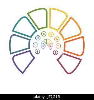 Infografik-Vorlage Halbkreis 8 Positionen für Workflow, Zyklus Prozesse, Diagramme, Geschäftsmöglichkeiten, Banner, Web-Design. Stockfoto