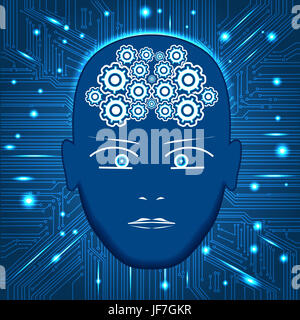 Kopf, Zahnräder in Form von Gehirn, circuit Board Hintergrund mit leuchtenden Linien mit Punkten, Konzept des Denkens, Visualisierung des menschlichen Denkens. Stockfoto