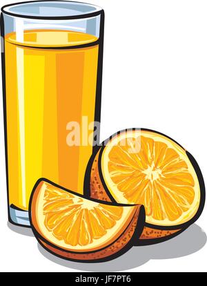 Illustration der Orangensaft Glas mit reifer Orangen in Scheiben geschnitten Stock Vektor