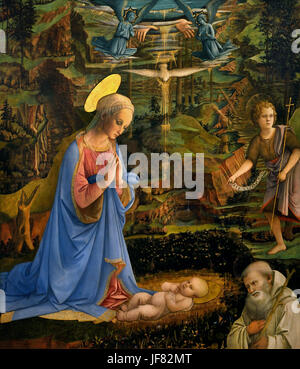 Anbetung des Kindes mit Heiligen C. 1463 Fra Filippo Lippi (1406 - 1469), auch Lippo Lippi, italienischer Maler des italienischen Quattrocento (15. Jahrhundert) Schule genannt. Stockfoto