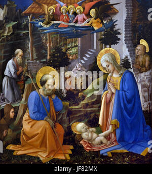 Anbetung des Kindes (Hl. Josef, Hl. Hieronymus, St. Hilarion, St, Mary, Magdalen) 1455, Fra Filippo Lippi (1406 - 1469), auch genannt Lippo Lippi, italienischer Maler des italienischen Quattrocento (15. Jahrhundert)-Schule. Stockfoto