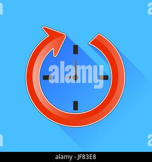 Uhr-Symbol auf blauem Hintergrund isoliert. Lange Schatten. Stock Vektor