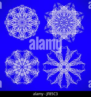Abstrakte geometrische Schnee Flocken Satz isoliert auf blauem Hintergrund. Stock Vektor