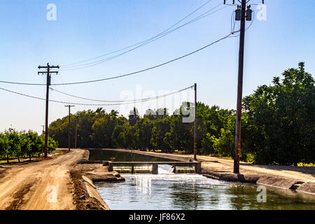 Einen Bewässerungskanal unter Walnuss- und Mandelbäumen Obstgarten in der Nähe von Modesto California Stockfoto