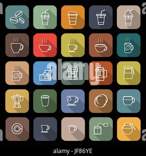 Kaffee-Linie flach Symbole mit langen Schatten Stock Vektor