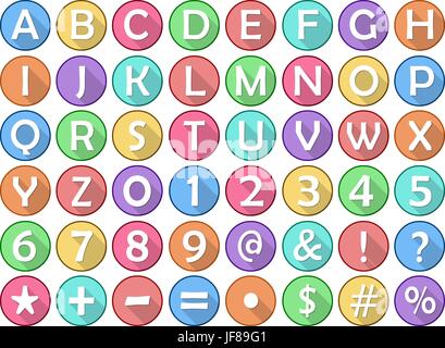 Alphabet Zahlen Symbole flach rund Icons Stock Vektor