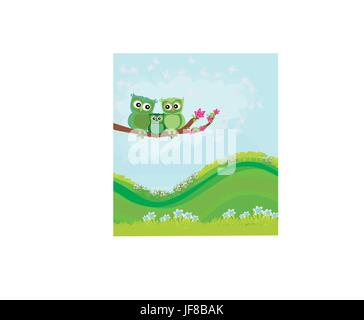 süße Eulen paar mit einem Baby Eule auf einem Ast Stock Vektor