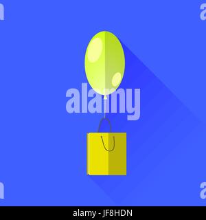 Gelber Ballon und Papier-Einkaufstüte auf blauem Hintergrund isoliert Stock Vektor