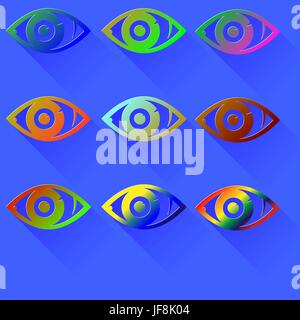 Reihe von farbigen Augensymbole isoliert auf blauem Hintergrund Stock Vektor