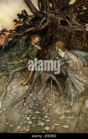 Ein Sommernachtstraum. Illustration von Arthur Rackham (1867-1939), Theaterstück von William Shakespeare. Akt 2 Szene 1, Puck: "Ich bin das frohe Wanderer der Nacht" englischer Dichter und Dramatiker getauft 26. April 1564 – 23. April 1616. Stockfoto