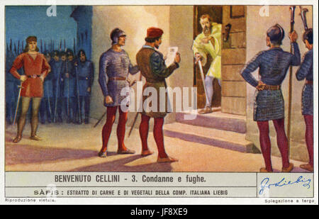 Benvenuto Cellini wird verhaftet und flieht nach Neapel, 1529. (3 November 1500 – 13 Februar 1571), italienischer Goldschmied, Bildhauer und Schriftsteller. Liebig Sammler Karte, 1939 Stockfoto