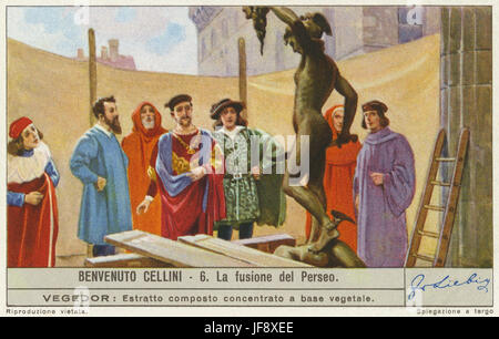 Perseus mit dem Haupt der Medusa. Statue von Benvenuto Cellini (3 November 1500 – 13 Februar 1571), italienischer Goldschmied, Bildhauer und Schriftsteller. Liebig Sammler Karte, 1939 Stockfoto