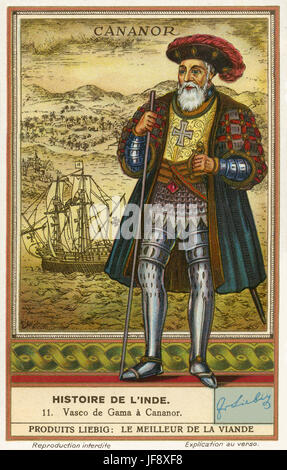 Vasco da Gama (c. 1460s – 24. Dezember 1524), portugiesischer Seefahrer und Entdecker, als erster Europäer Indien auf dem Seeweg zu erreichen. Geschichte von Indien. Liebig Sammler Karte, 1939 Stockfoto