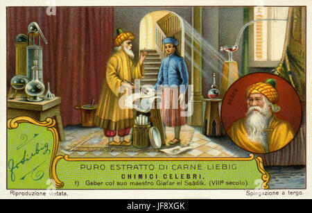 Abu Musa Jabir ibn Hayyan (ca. 721 AD - 815 n. Chr.), persischer Alchemist und Vater der frühen Chemie. Mit Imam Ja'far al-Sadiq. Berühmte Chemiker. Liebig Sammler Karte, 1929 Stockfoto