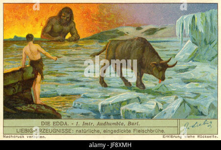 Nordische Schöpfungsmythos - Ymir, Audhumbla und Buri, erstellt von schmelzendem Eis. Edda - nordischen Saga. Liebig Sammler Karte 1934 Stockfoto