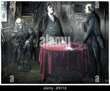 Martin Chuzzlewit, Roman von Charles Dickens (7. Februar 1812 – 9. Juni 1870). Alt Martin, Seth Pecksniff und Tom Prise. Illustration von Fred Barnard (1846-1896) Stockfoto