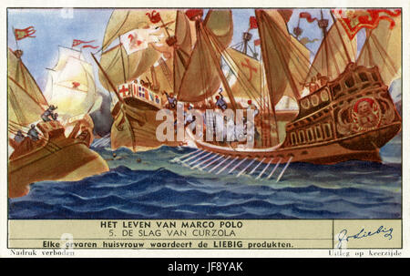 Marco Polo (1254 – 8 Januar 1324), venezianischer Explorer. Schlacht von Curzola, wo Marco Polo von den Genuesen gefangen genommen wurde. Liebig-Sammler-Karte, 1941 Stockfoto