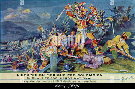 Cuauhtemoc (c. 1497-1525), letzte aztekische Kaiser den Thron von Tenochtitlan während es bestieg war unter Belagerung durch die Spanier und Wesen von einer Pockenepidemie gebracht von den Invasoren verwüstet. Prä-kolumbianischen mexikanischen Kultur. Liebig-Sammler-Karte, 1950 Stockfoto