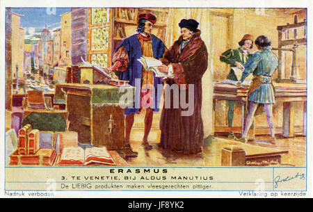 Erasmus von Rotterdam (Desiderius Erasmus Rotterdamus, 28 Oktober 1466 – 12 Juli 1536), niederländischer Theologe, als Korrektor des Verlags von Aldus Manutius, Venedig. Liebig-Sammler-Karte, 1950 Stockfoto