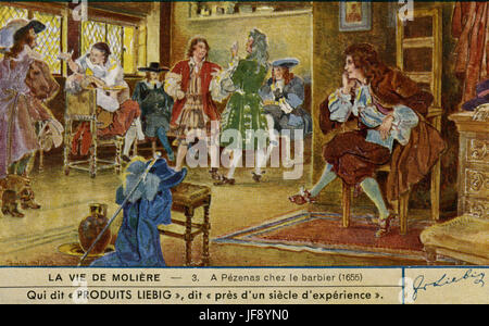 Moliere mit der Barbier von Pezenas, c. 1655. Leben von Molière (Jean-Baptiste Poquelin, 15. Januar 1622 – 17. Februar 1673), französischer Dramatiker und Schauspieler. Liebig-Sammler-Karte, 1950 Stockfoto