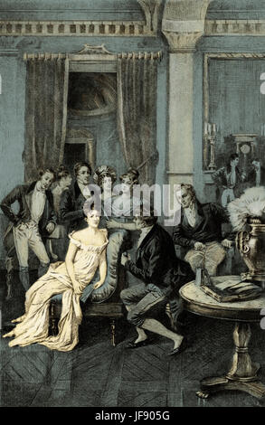 Madame Juliette Récamiere umgeben von literarischen und politischen Figuren: Charles Rodier, Chateaubriand, Sophie Gay, Benjamin Constant, Mme Ancelot, Mme de Stael, Ampere. Titel der Zeichnung "Autour de Madame Recamier". Vollständiger Name: Jeanne-Françoise Julie Adélaïde Bernard Récamier - Leiter des literarischen und politischen Kreisen. 3. Dezember 1777 - Mai 11. 1849. Stockfoto