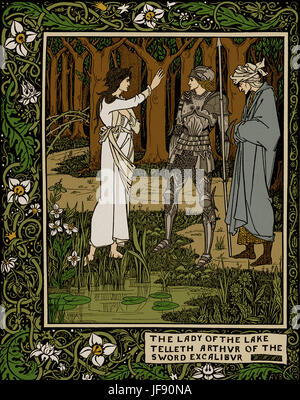 Le Morte d ' Arthur - Roman von Thomas Malory: c. 1405 – 14 März 1471. Bildunterschrift lautet: "Die Dame des Sees Philippus Arthur das Schwert Excalibur". Illustration von Aubrey Beardsley: 21. August 1872 –16 März 1898. (Walter Scotts Gedicht der Herrin des Sees) Stockfoto