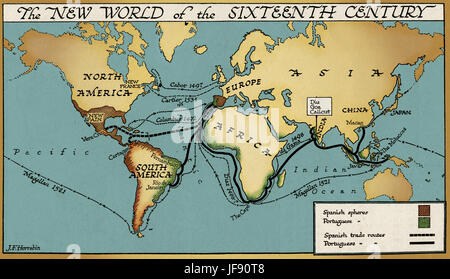 Die neue Welt des 16. Jahrhunderts, Karte mit spanischen und portugiesischen Kolonien und Handelswege Stockfoto