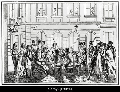 Wiener Straße serenade, spätes 18. Jahrhundert - Musiker Lesungen punktet bei Kerzenschein. Gravur auf der "Wiener Nanettes" Damen von easy Virtue.  Serenade in Wien Beethovens Zeit String. Aus einem Vienna Almanach 1805. Stockfoto