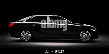 Moderne schwarze metallic Limousine Neuwagen im Rampenlicht. Generische zeitgenössischen Design, brandless. 3D-Rendering. Stockfoto