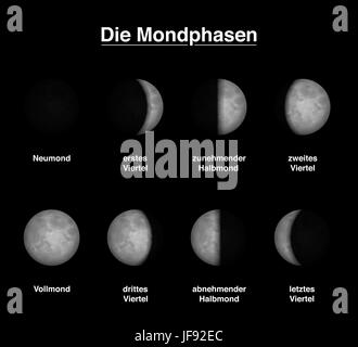 Mondphasen die Mond - deutsche Beschriftung - verschiedene Formen der beleuchteten Teile. Stockfoto