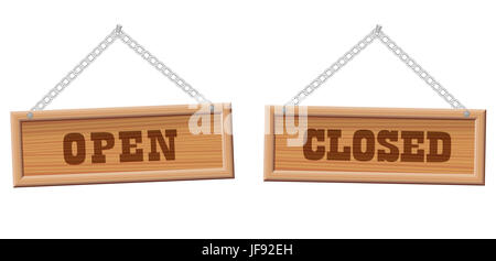 Öffnen Sie und schließen Sie Zeichen - Holzbretter, Retro-westlichen Stil, Silber Eisen-Metall-Kette. Stockfoto