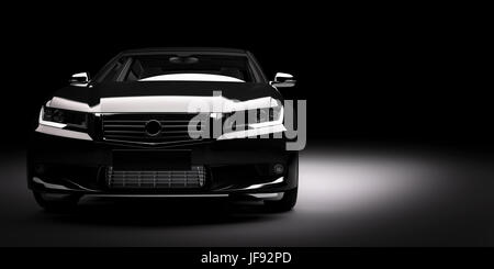 Moderne schwarze metallic Limousine Neuwagen im Rampenlicht. Generische zeitgenössischen Design, brandless. 3D-Rendering. Stockfoto