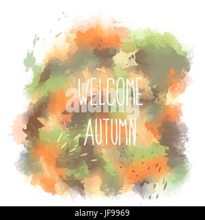 Willkommen Herbst. handgezeichnete Schriftzug auf Aquarell Hintergrund Stock Vektor
