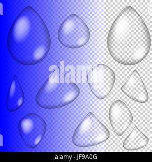 Eingestellt von transparenten Wassertropfen auf blauem Hintergrund. Stock Vektor