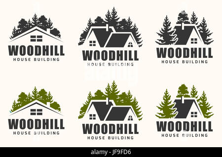 Vektor-Logo-Design eines Bäume Silhouette und kleines Haus. Logo für Haus reparieren und Gebäude. Stockfoto