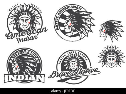 Satz von indianischen Runde Logos, Abzeichen und Embleme, die isoliert auf weißem Hintergrund. Gesicht, Kopf der amerikanischen Indianer. T-Shirt-print-Design. Stockfoto