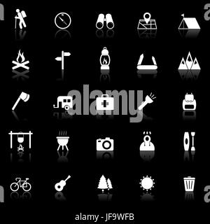Trekking-Icons mit Spiegeln auf schwarzem Hintergrund Stock Vektor