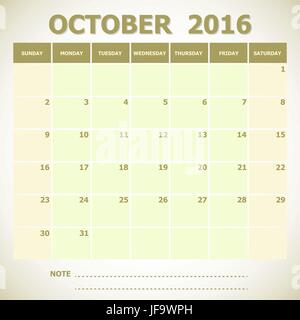 Kalender beginnt Oktober 2016 Woche Sonntag Stock Vektor