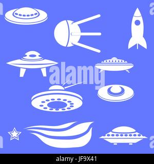 Satz von Raumschiffen Silhouetten auf blauem Hintergrund isoliert Stock Vektor